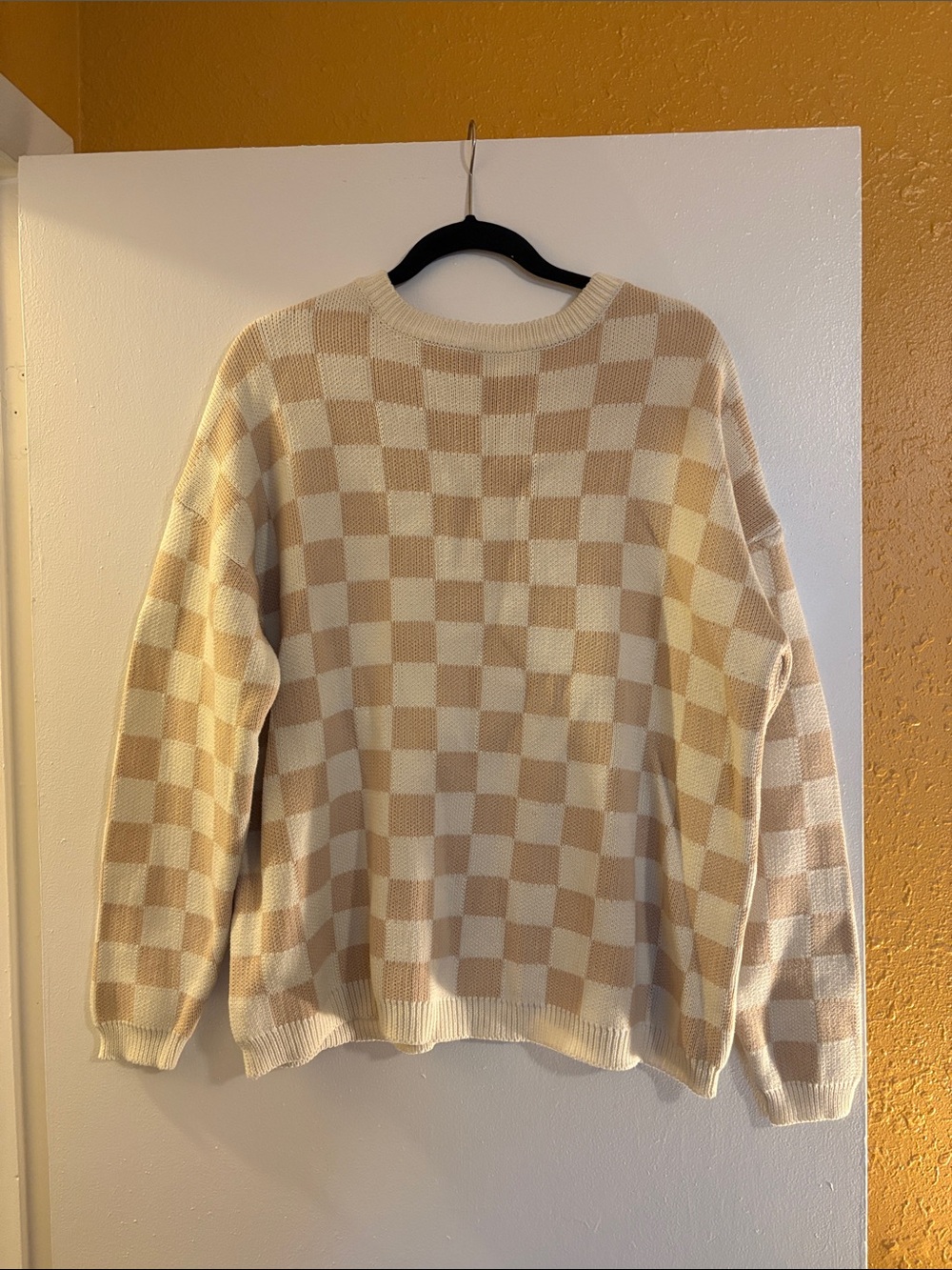 Checkerboard Knit Sweater in Cream and Beige